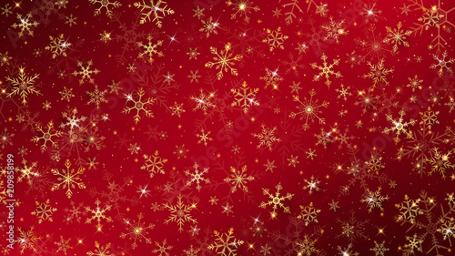 Christmas background dressed by gold snowflakes and glitter