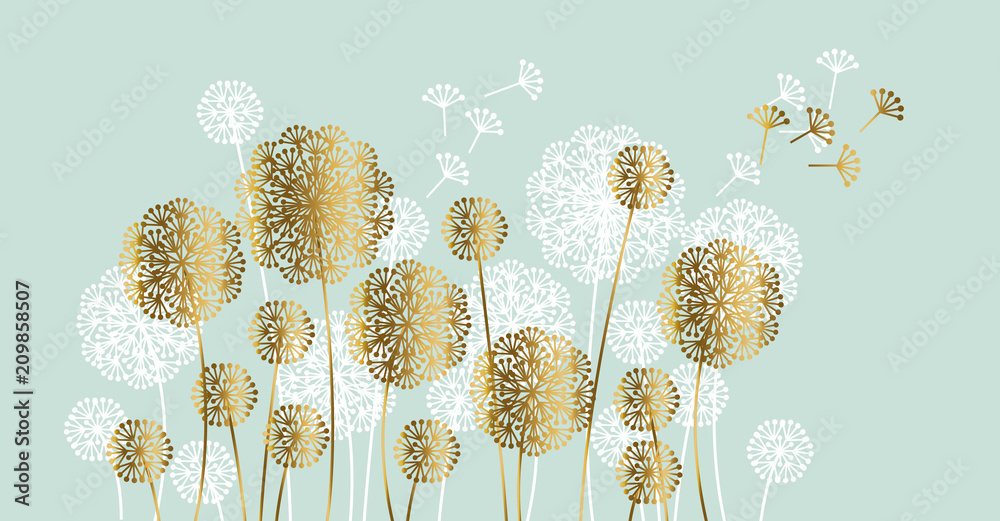 Abstract white and gold summer dandelion motif - obrazy, fototapety, plakaty 