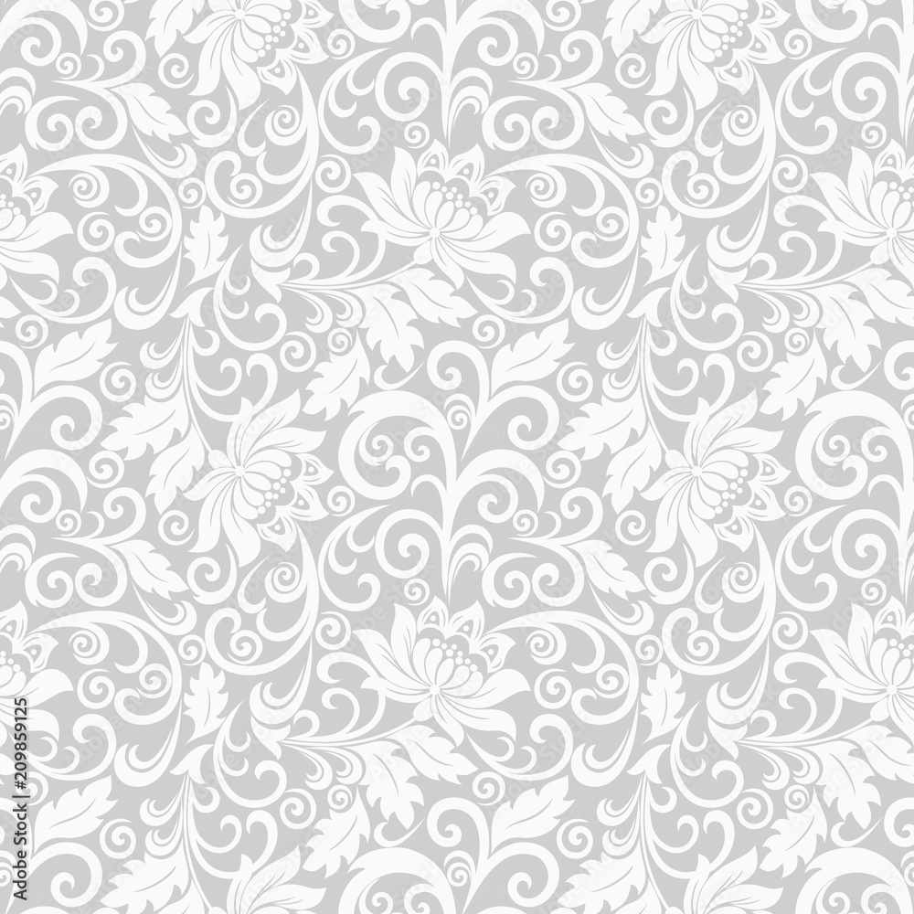 Seamless grey background with white pattern in baroque style. Vector retro illustration. Ideal for printing on fabric or paper. - obrazy, fototapety, plakaty 