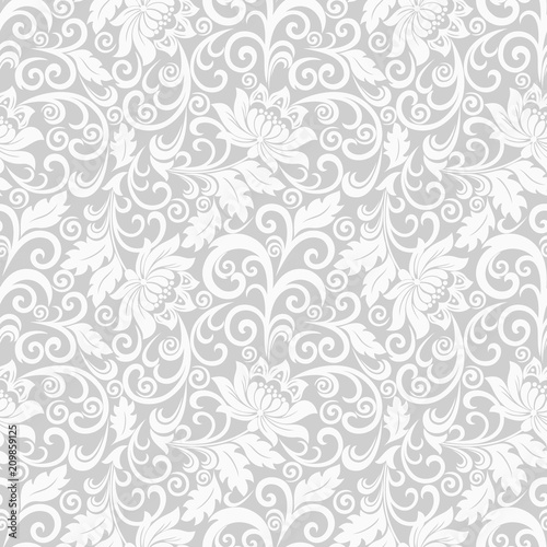 Seamless grey background with white pattern in baroque style. Vector retro illustration. Ideal for printing on fabric or paper. © bulbbright