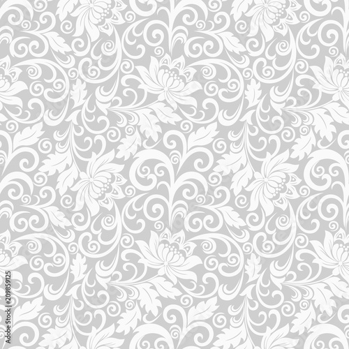 Seamless grey background with white pattern in baroque style. Vector retro illustration. Ideal for printing on fabric or paper.