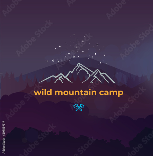 Wild mountain camping and adventure forest badge logo
