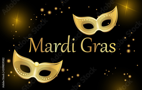 Black mardi gras carnival background with gold masks.