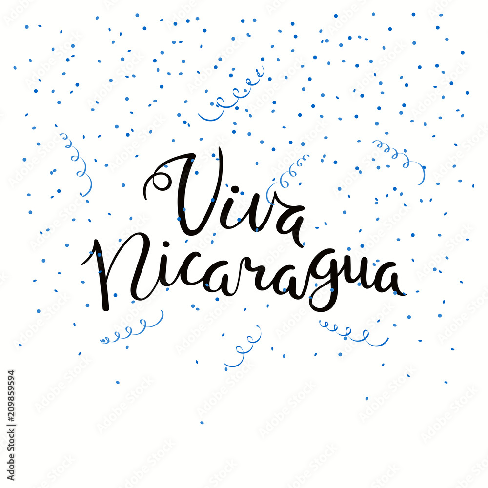 Hand written calligraphic Spanish lettering quote Viva Nicaragua with falling confetti in flag colors. Isolated objects. Vector illustration. Design concept independence day celebration, banner, card.