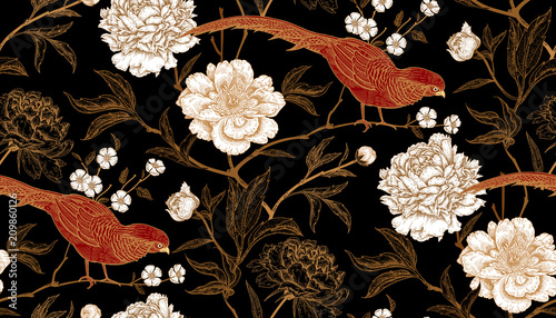 Seamless pattern with exotic bird pheasants and peony flowers.