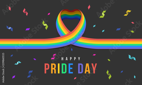 Happy pride day banner with rianbow heart ribbon sign and  Ribbon Fireworks vector design