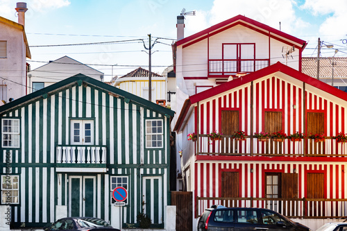 Colorful striped house facades in Portugal