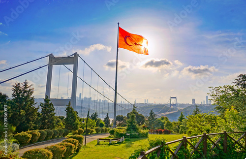 Old Bosphorus Bridge And Turkish Flag in Istanbul - Turkey © ayselucar