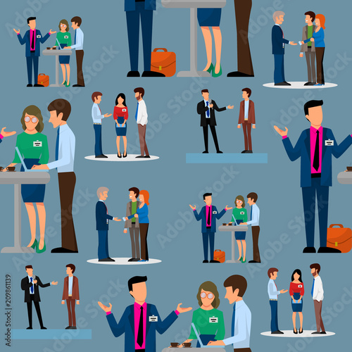 Business people vector groups presentation to investors conferense teamwork meeting characters interview illustration seamless pattern background. photo