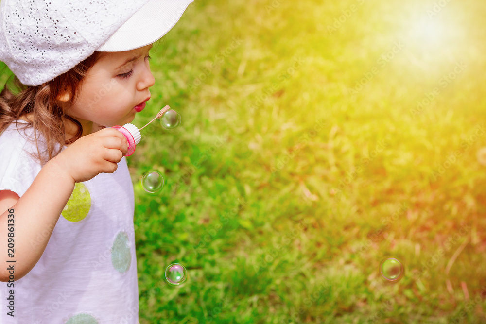 A little girl blowing soap bubbles in summer park. A little girl blowing soap bubbles in summer park.