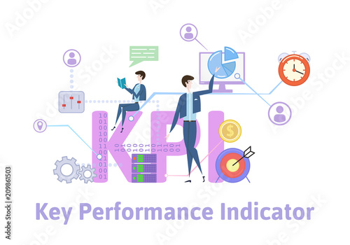 KPI, key performance indicators. Concept with keywords, letters and icons. Colored flat vector illustration on white background.