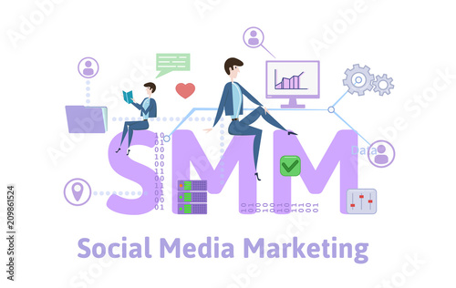SMM, social media marketing. Concept with keywords, letters and icons. Colored flat vector illustration on white background.