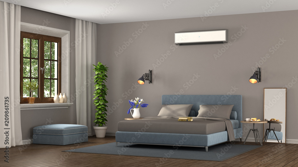 Fototapeta premium Blue and brown modern bedroom