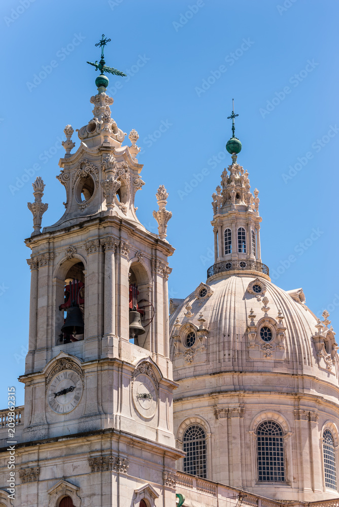 Detail view of the Estrela church - Basilica da Estrela (Royal Basilica and Convent of the Most Sacred Heart of Jesus, 1790) - basilica and ancient Carmelite convent in Lisbon, Portugal