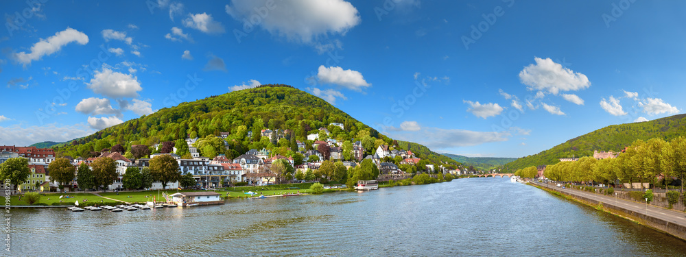 Panoramic view of Heidelberg and Neckar river from Karl Theodor Bridge - obrazy, fototapety, plakaty 