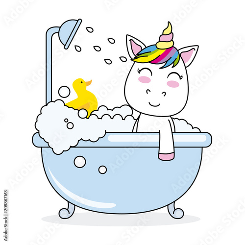 unicorn bathing in a bathtub with his rubber duck