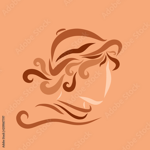 Orange background with a young girl in a cap, curls and flowing lines