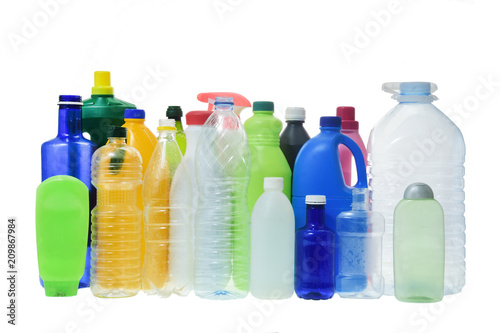 set of plastic bottles on white background