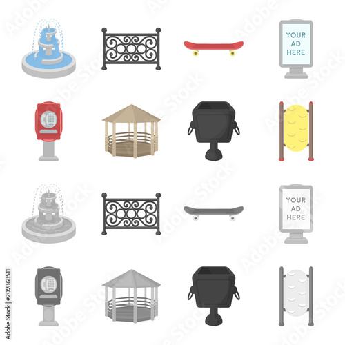 Telephone automatic, gazebo, garbage can, wall for children. Park set collection icons in cartoon,monochrome style vector symbol stock illustration web.