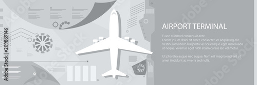 Airport Infographic Banner , Plane on the Runway, Passenger and Cargo Air Transportation, Travel and Tourism Concept, Vector Illustration