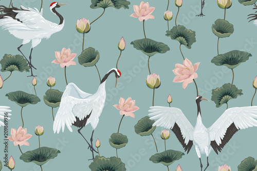 seamless pattern with japanese cranes and lotuses