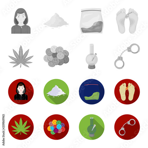 Hemp leaf, ecstasy pill, handcuffs, bong.Drug set collection icons in monochrome,flat style vector symbol stock illustration web.