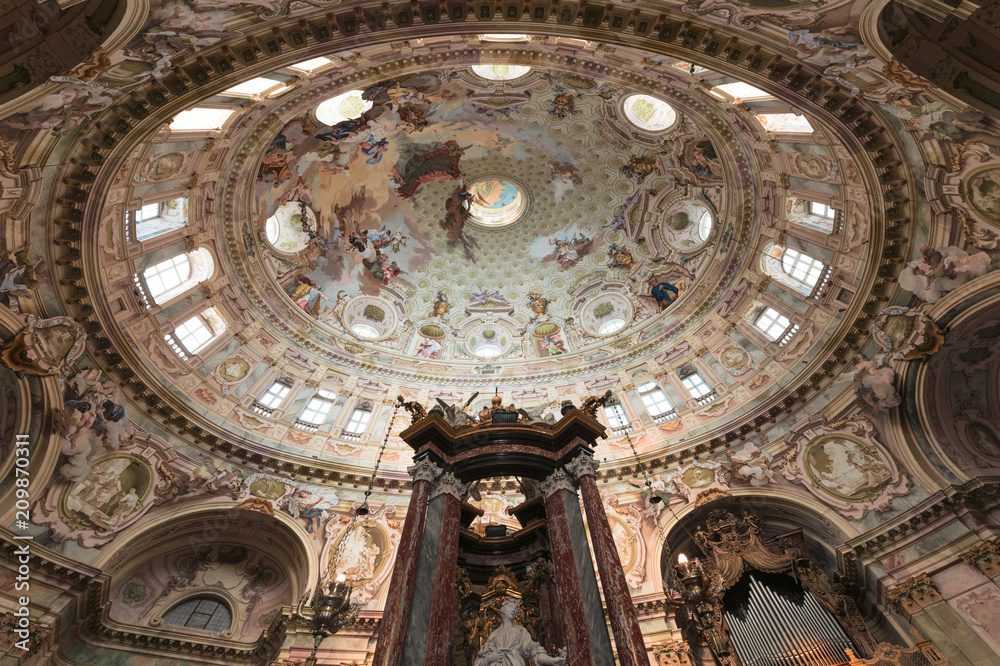 Internal view of Sanctuary of Vicoforte, Cuneo (Italy). The sanctuary has the largest elliptical dome in the world.