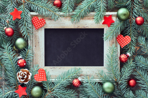 Christmas decorations in green and red  flat layout with text space