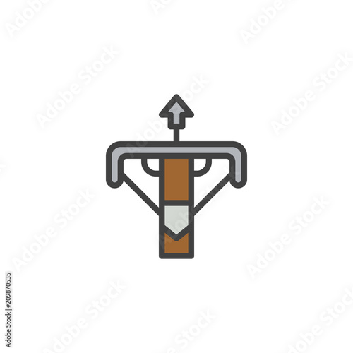 Battle crossbow with arrow filled outline icon, line vector sign, linear colorful pictogram isolated on white. Ancient crossbow symbol, logo illustration. Pixel perfect vector graphics