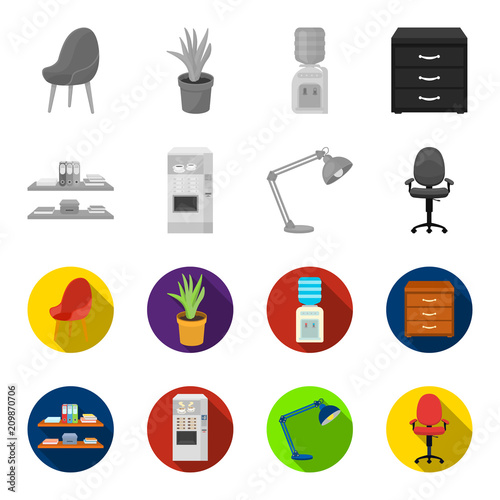 Shelves, folders and notebooks with business records, a coffee machine with cups, an armchair with a backrest on wheels, a desk lamp. Office Furniture set collection icons in monochrome,flat style