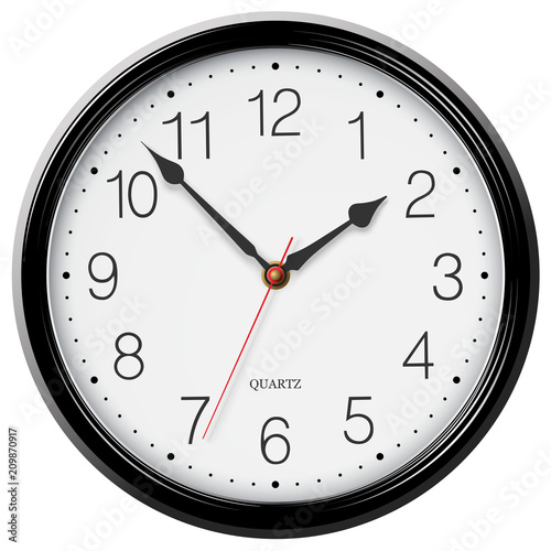 Classic round wall clock with black glossy body isolated on white background