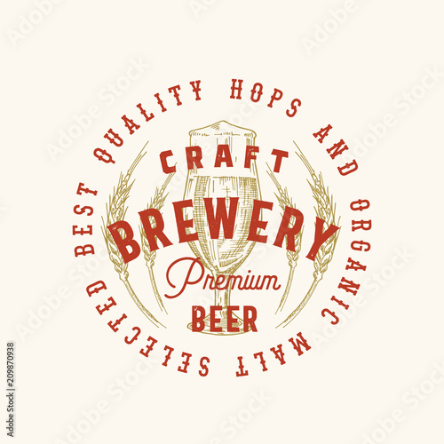 Craft Brewery Premium Beer Abstract Vector Sign, Symbol or Logo Template. Hand Drawn Retro Glass and Wheat with Classic Typography. Vintage Beer Emblem or Label.
