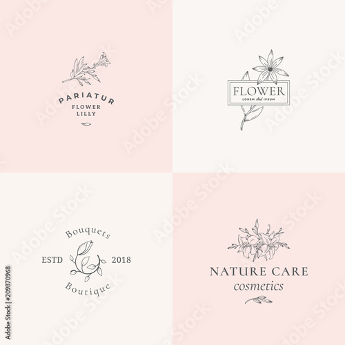 Abstract Floral Vector Signs or Logo Templates Set. Retro Feminine Illustration with Classy Typography. Premium Flower Emblems for Beauty Salon, SPA, Wedding Boutiques, Care Cosmetics, etc.