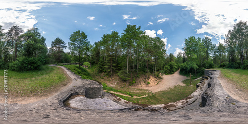 Full seamless 360 degrees angle view panorama on the ruined abandoned military fortress of the First World War in the forest in equirectangular spherical projection. Ready for VR AR content