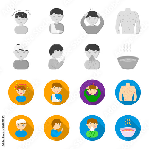 A man with a bandaged head, a man coughing, a man snorts a snot, a bowl, a bowl of hot broth into a handkerchief. Sick set collection icons in monochrome,flat style vector symbol stock illustration