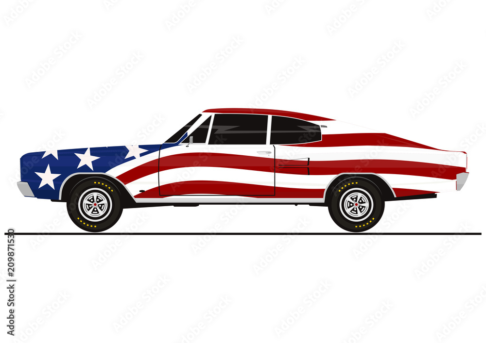 Fototapeta Naklejka na samochód mięśni w kolorze amerykańskiej flagi. Widok z boku. Płaskie wektor
