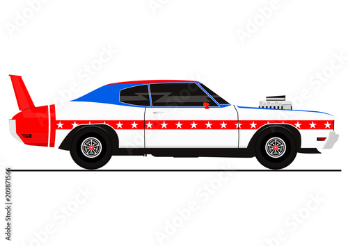 Sticker of muscle car in the color of the American flag. Side view. Flat vector.