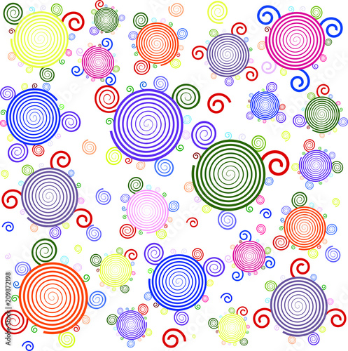 Multicolored stylized spiral flowers and individual spirals. For fabric, wallpaper, paper, etc