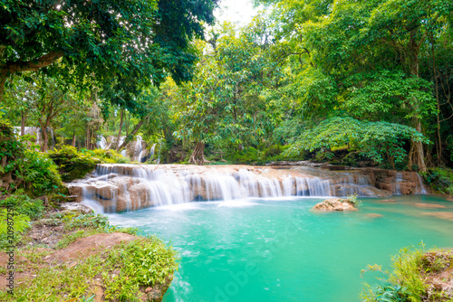 Thanawan Waterfall beautiful There is water throughout the year. The water is emerald green. Located in Doi Phu Nang National Park  Phayao  Thailand. Waterfall nature landscape