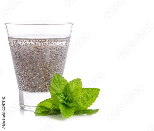 water with chea seeds and mint leaves  isolated on white