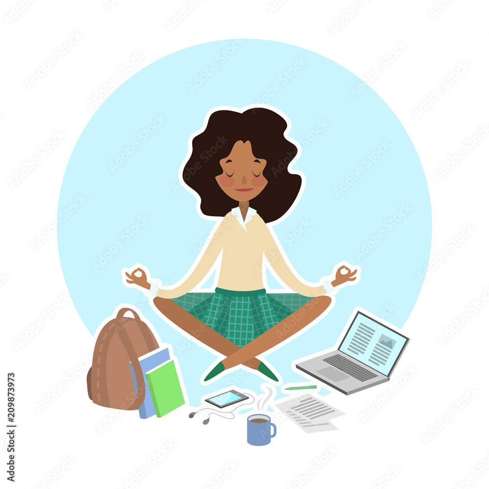 School, college concept. African girl student sitting in lotus pose. Vector illustration in flat School, college concept. African girl student sitting in lotus pose. Vector illustration in flat