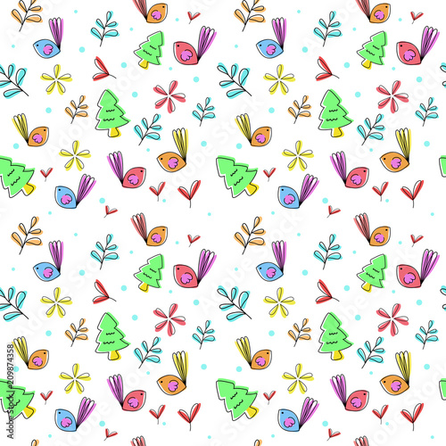 Cute floral seamless pattern with birds and flowers. vector illustration.