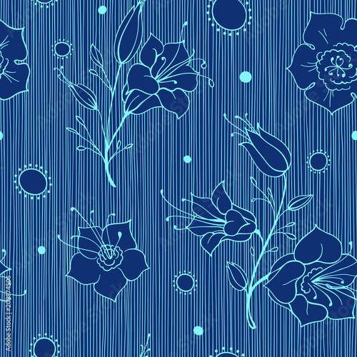 Outline Seamless Vector Pattern with Flowers of Harebell and Abstract Ornament