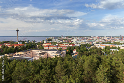 Näsinneula observation tower and the city of Tampere, Finland, viewed from above on a sunny day in the summer.