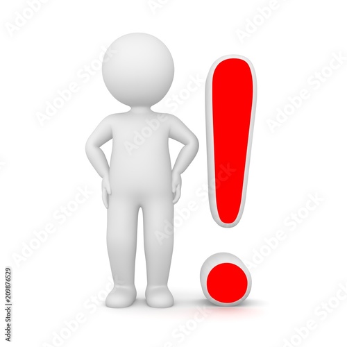 3D Rendering of a man standing near an exclamation mark on white background
