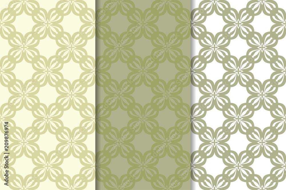 Set of  olive green floral backgrounds. Seamless patterns