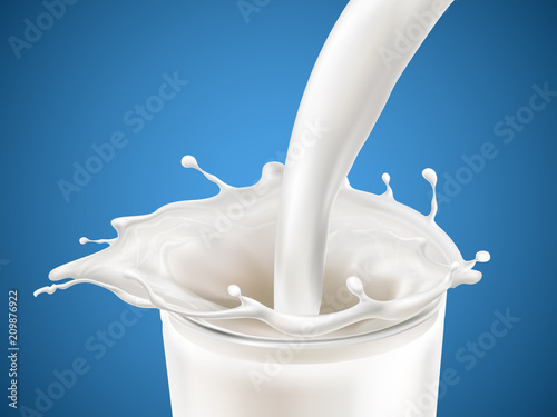 Milk plashing effect with liquid pouring down in glass cup isolated on blue background. Design element for advertising beverages. Vector 3d realistic illustration.