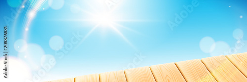 Summer scene with wooden light table. Blue clear sky with sun rays on the bokeh background. Vector elements for advertising and package design. 3d realistic illustration.