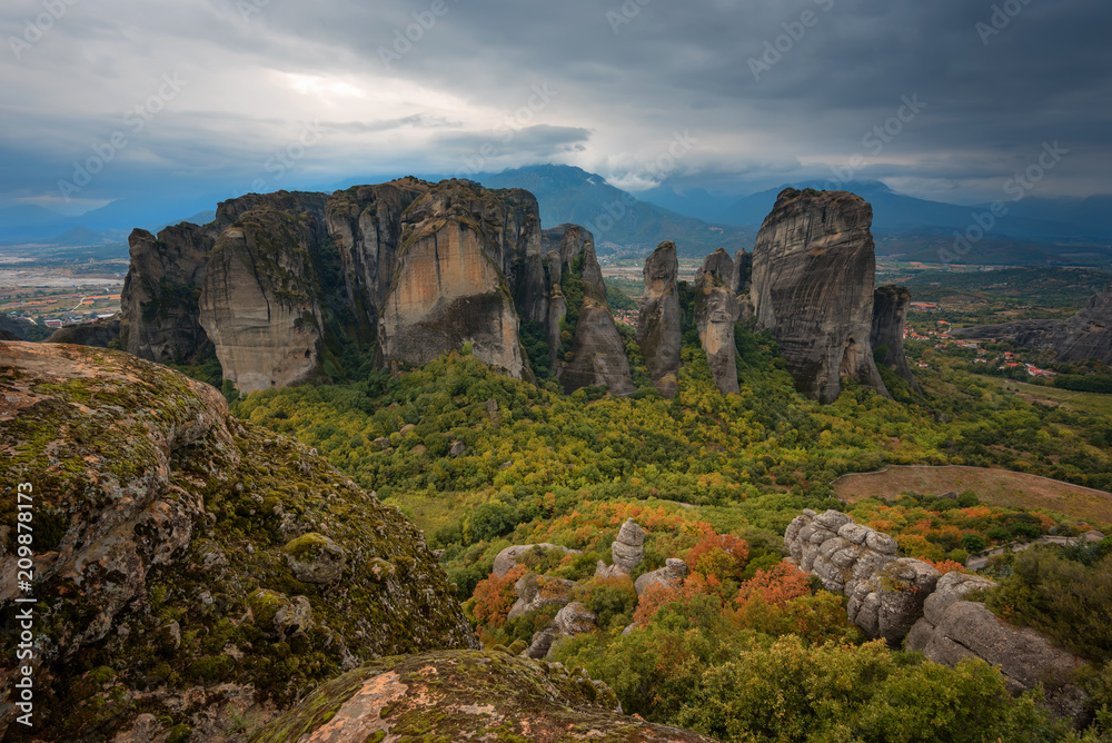 Magnificent autumn landscape of Meteora. Meteora rocks in a sunny, cloudy day. Pindos Mountains, Thessaly, Greece, Europe
