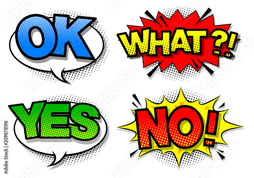 Comic speech bubble with expression text yes,no,ok,what. Vector 